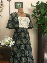 Load image into Gallery viewer, 1970’s Vintage Black Floral Print voile Angel Sleeve Candi Jones Dress
