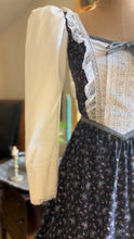 Load image into Gallery viewer, Tea Party 1970’s Vintage Black Calico Gunne Sax Midi Dress
