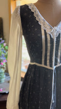Load image into Gallery viewer, Authentic 1970’s Vintage Black Calico Gunne Sax Midi Dress

