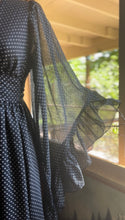 Load image into Gallery viewer, Incredible 1970’s Vintage Black Polka Dot Cotton Angel Sleeve Maxi Dress
