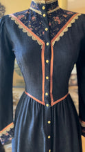 Load image into Gallery viewer, Authentic 1970’s Vintage Denim And Calico Gunne Sax Midi Dress
