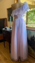 Load image into Gallery viewer, 1970’s Vintage Lilac Chiffon One Shoulder Ruffle Gown
