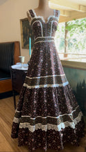 Load image into Gallery viewer, Authentic 1970’s Vintage Brown Calico Gunne Sax Maxi Sundress
