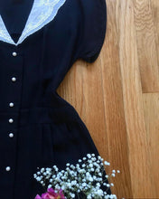 Load image into Gallery viewer, Cutie 1970’s Vintage Black Crepe Gunne Sax dress
