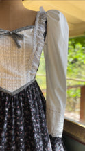 Load image into Gallery viewer, Tea Party 1970’s Vintage Black Calico Gunne Sax Midi Dress
