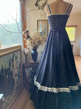 Load image into Gallery viewer, Beautiful 1970’s Vintage Black Calico Gunne Sax Maxi Sundress
