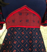 Load image into Gallery viewer, 1970’s vintage red and navy floral calico ruffle dress
