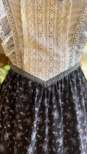 Load image into Gallery viewer, Tea Party 1970’s Vintage Black Calico Gunne Sax Midi Dress

