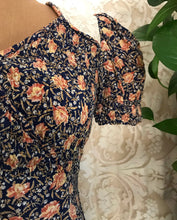 Load image into Gallery viewer, 1970’s Vintage Apricot Rose and Navy Seersucker Dress by Jody T
