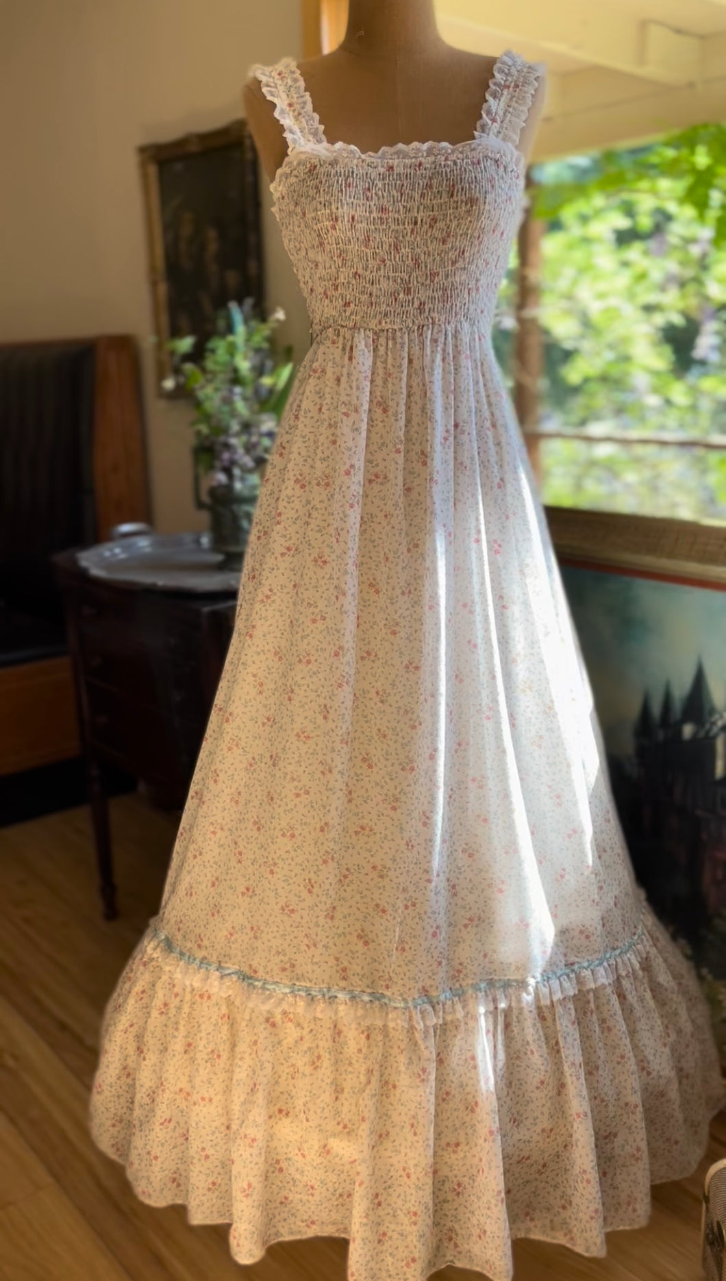 Summer 1970's vintage smocked floral Candi Jones maxi sundress