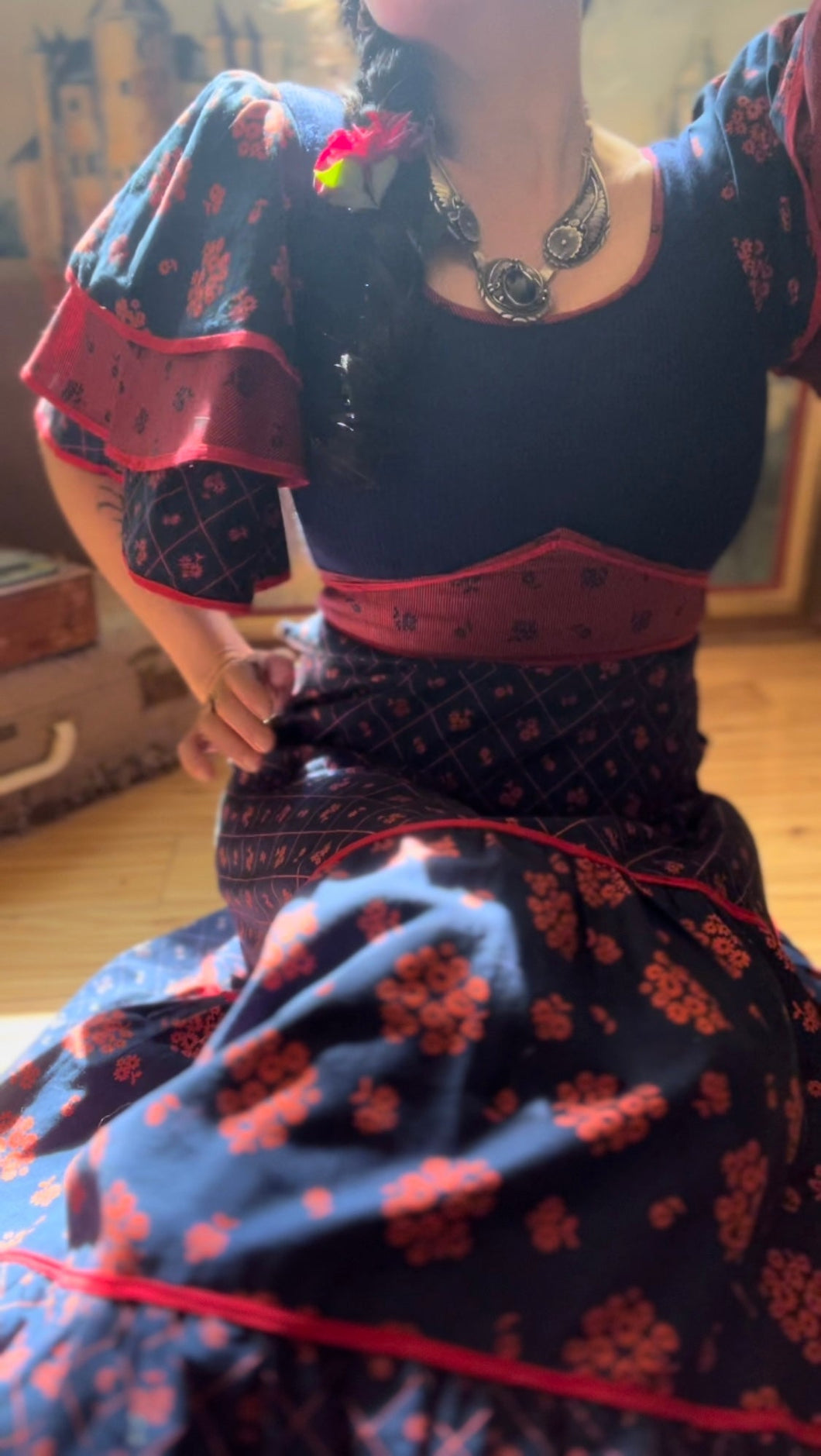 1970’s vintage red and navy floral calico ruffle dress
