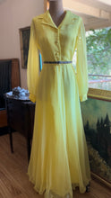 Load image into Gallery viewer, Sale~ 1960’s 1970’s Vintage Lemon Yellow Chiffon Dress by Miss Elliette of California
