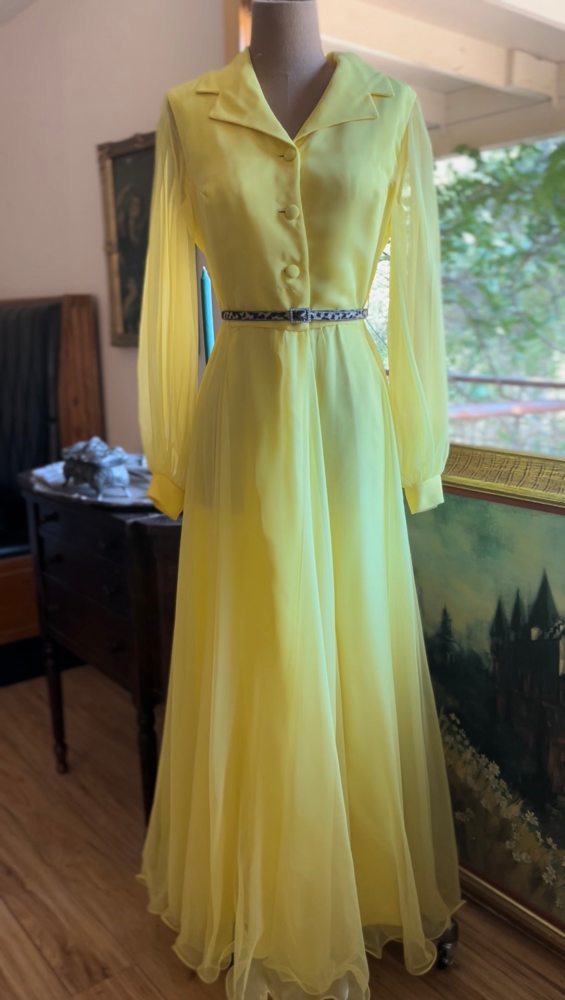 Sale~ 1960's 1970's Vintage Lemon Yellow Chiffon Dress by Miss Elliett   Strange Vintage