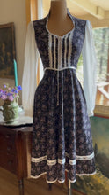 Load image into Gallery viewer, Beautiful 1970’s Vintage Black Calico Gunne Sax Midi Dress
