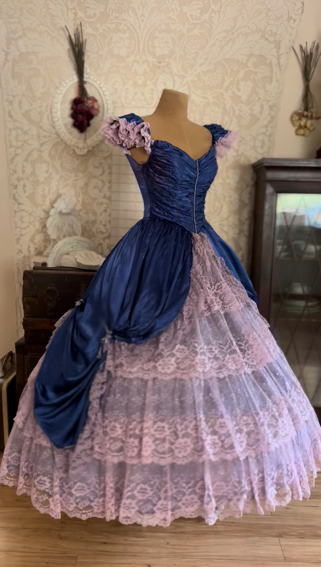 Hand Dyed 1980’s Vintage Satin and Lace Gown by ZumZum