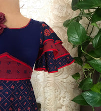 Load image into Gallery viewer, 1970’s vintage red and navy floral calico ruffle dress

