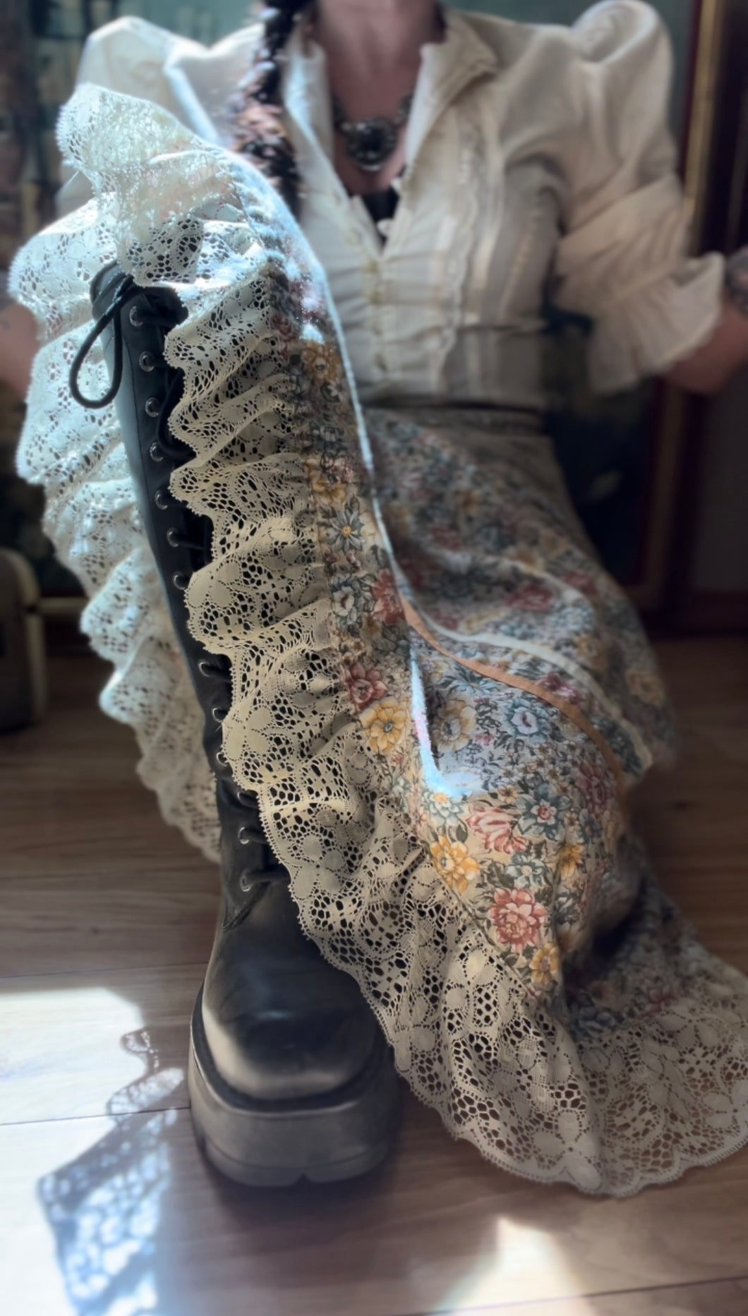 1970’s Vintage Floral Calico and Ribbon  Midi Skirt