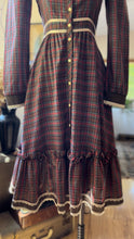 Load image into Gallery viewer, Authentic 1970’s Vintage Plaid and Velveteen Gunne Sax Midi Dress
