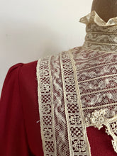 Load image into Gallery viewer, Incredible 1970’s Vintage Handmade Brick Red Satin Crepe and Antique Lace Maxi Dress
