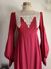 Load image into Gallery viewer, Incredible 1970’s Vintage Handmade Brick Red Satin Crepe and Antique Lace Maxi Dress

