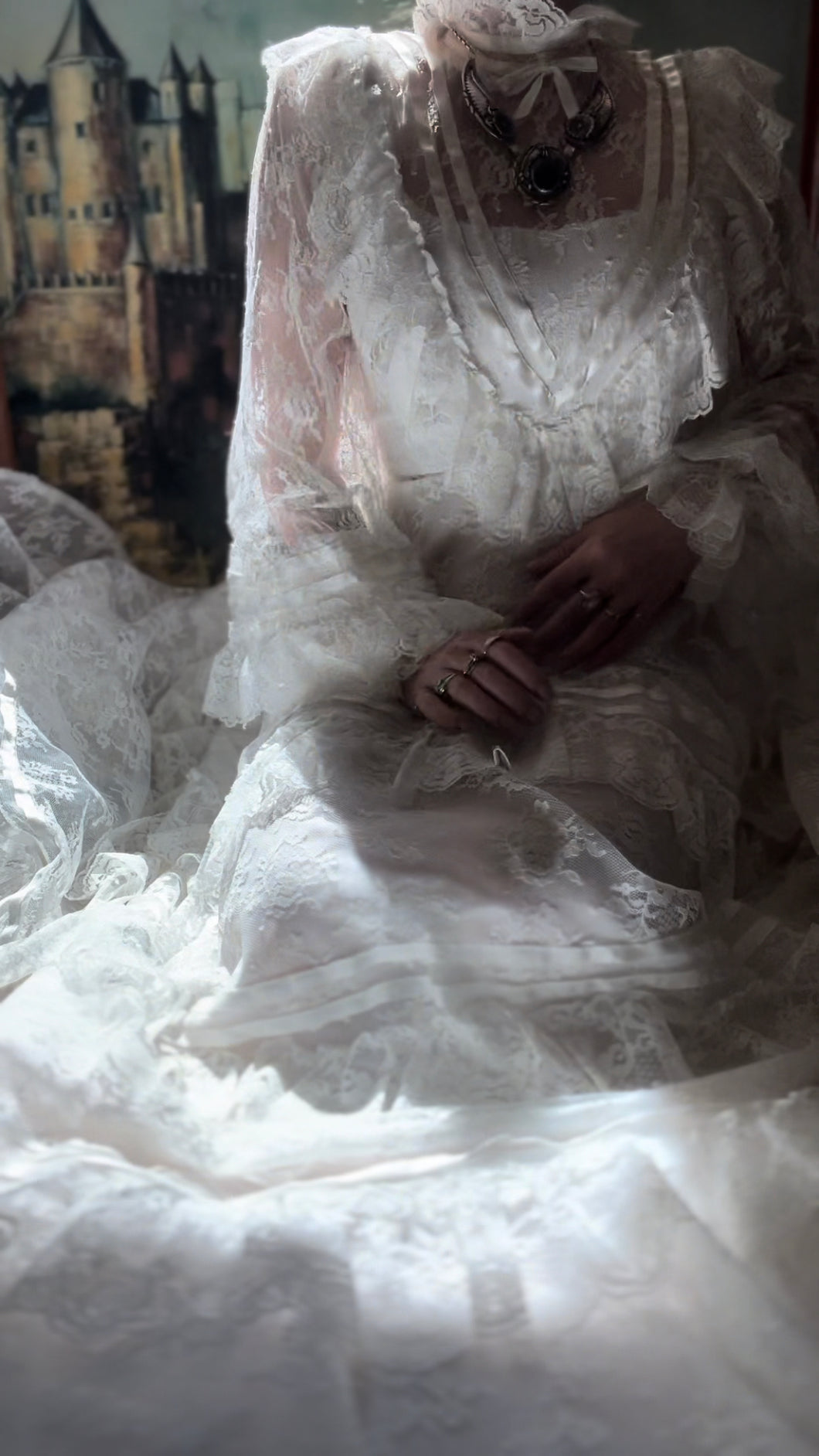 Breathtaking 1970’s Vintage White Lace Bridal Gown