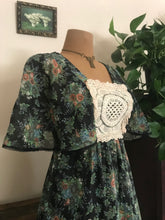 Load image into Gallery viewer, 1970’s Vintage Black Floral Print voile Angel Sleeve Candi Jones Dress
