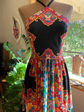 Load image into Gallery viewer, 1970’s Vintage Black Floral Print Halter Sundress by Hearsay

