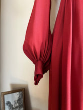 Load image into Gallery viewer, Incredible 1970’s Vintage Handmade Brick Red Satin Crepe and Antique Lace Maxi Dress
