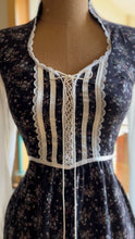 Load image into Gallery viewer, Beautiful 1970’s Vintage Black Calico Gunne Sax Midi Dress
