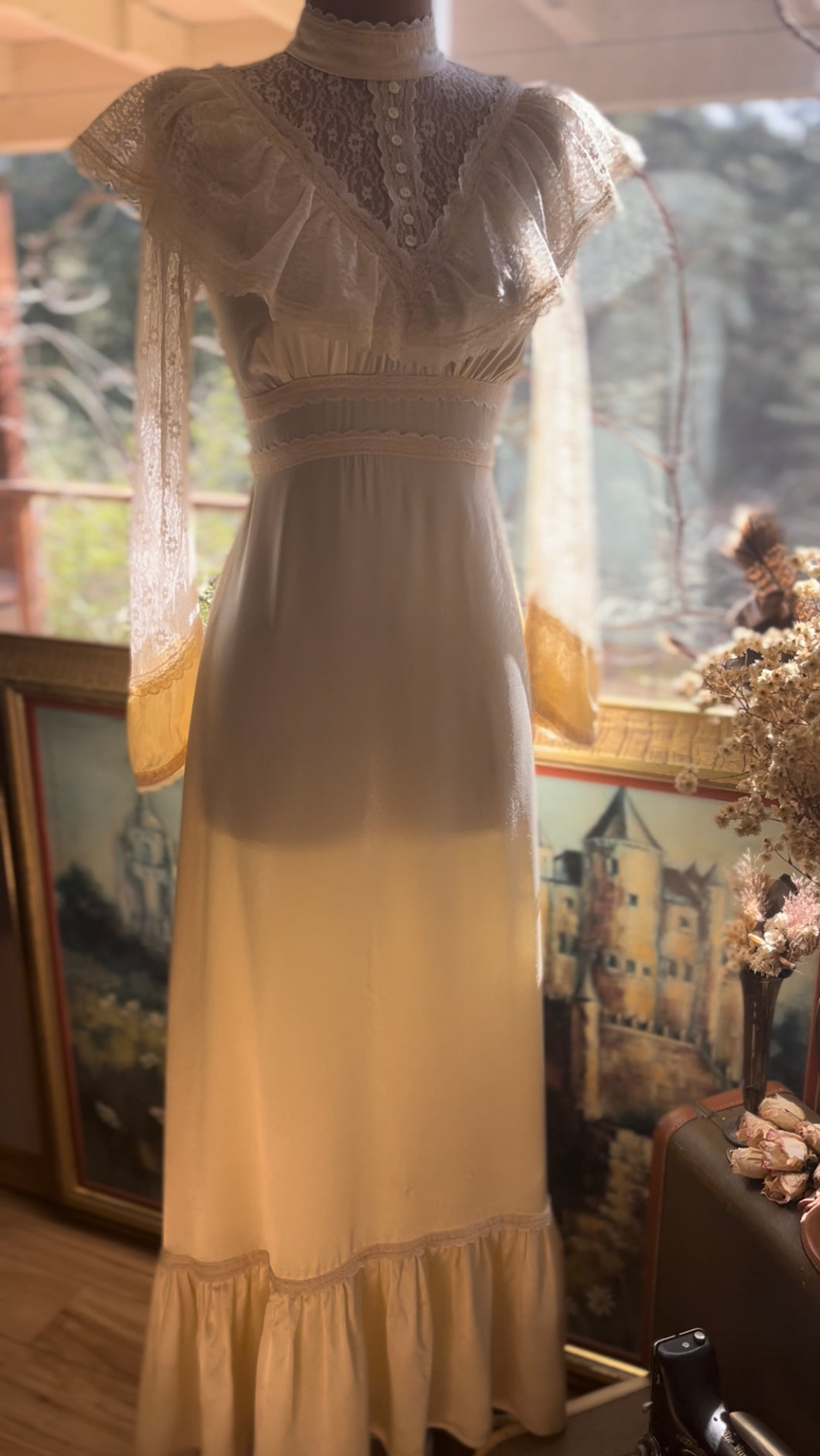 Authentic 1970’s Vintage Buttercream Liquid Satin Gunne Sax Maxi Dress