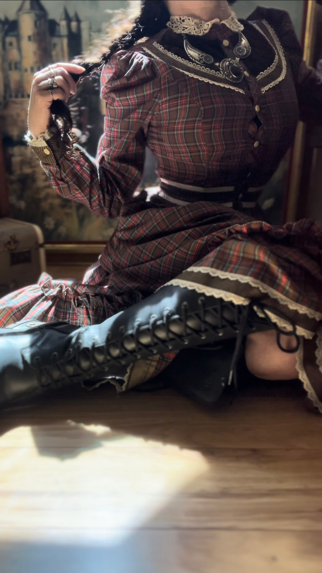 Authentic 1970’s Vintage Plaid and Velveteen Gunne Sax Midi Dress