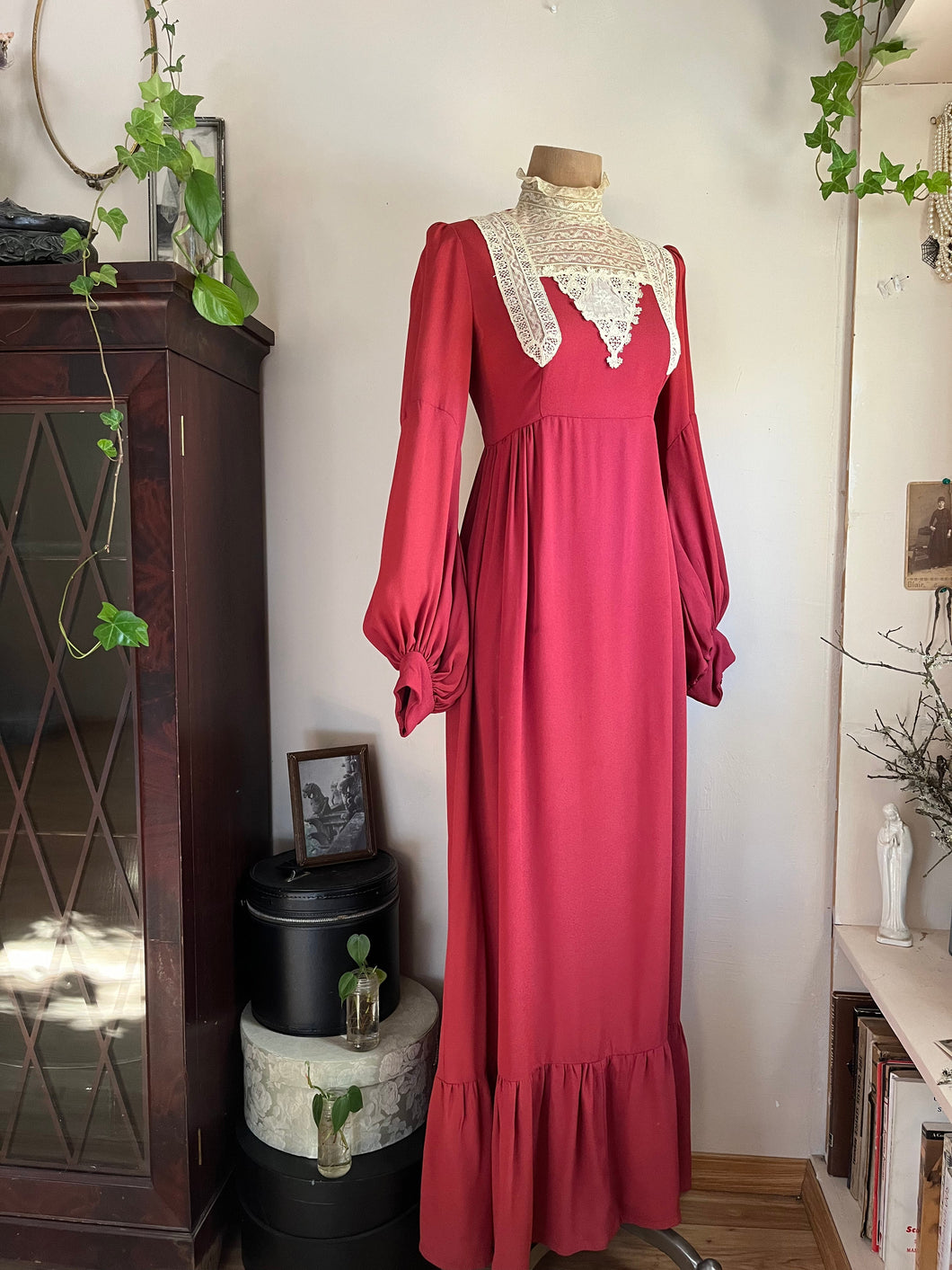 Incredible 1970’s Vintage Handmade Brick Red Satin Crepe and Antique Lace Maxi Dress