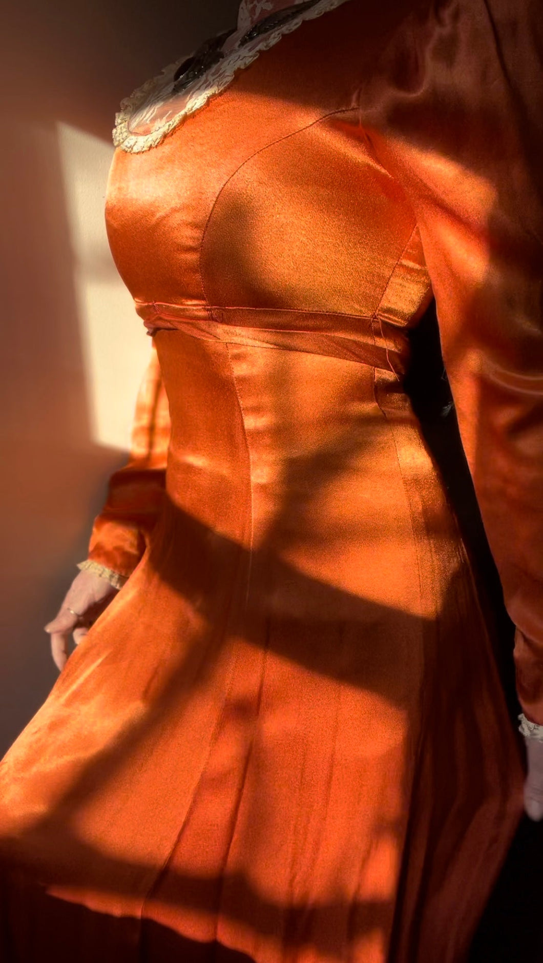 1970’s vintage rust orange satin unlabeled maxi dress