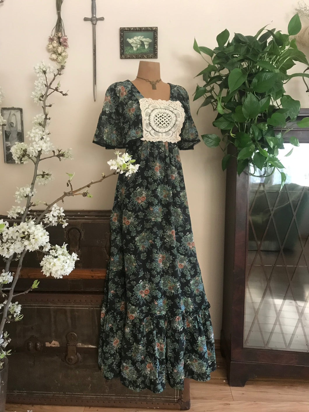 1970’s Vintage Black Floral Print voile Angel Sleeve Candi Jones Dress
