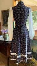 Load image into Gallery viewer, Beautiful 1970’s Vintage Black Calico Gunne Sax Midi Dress
