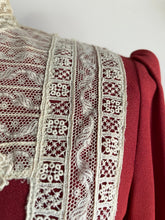 Load image into Gallery viewer, Incredible 1970’s Vintage Handmade Brick Red Satin Crepe and Antique Lace Maxi Dress
