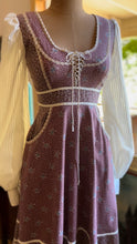 Load image into Gallery viewer, Authentic 1970’s Vintage Mauve Calico Gunne Sax Midi Dress
