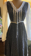 Load image into Gallery viewer, Authentic 1970’s Vintage Black Calico Gunne Sax Midi Dress
