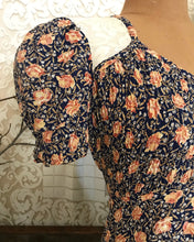 Load image into Gallery viewer, 1970’s Vintage Apricot Rose and Navy Seersucker Dress by Jody T
