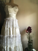 Load image into Gallery viewer, Authentic 1980’s Vintage White Satin and Lace Gunne Sax Strapless Dress
