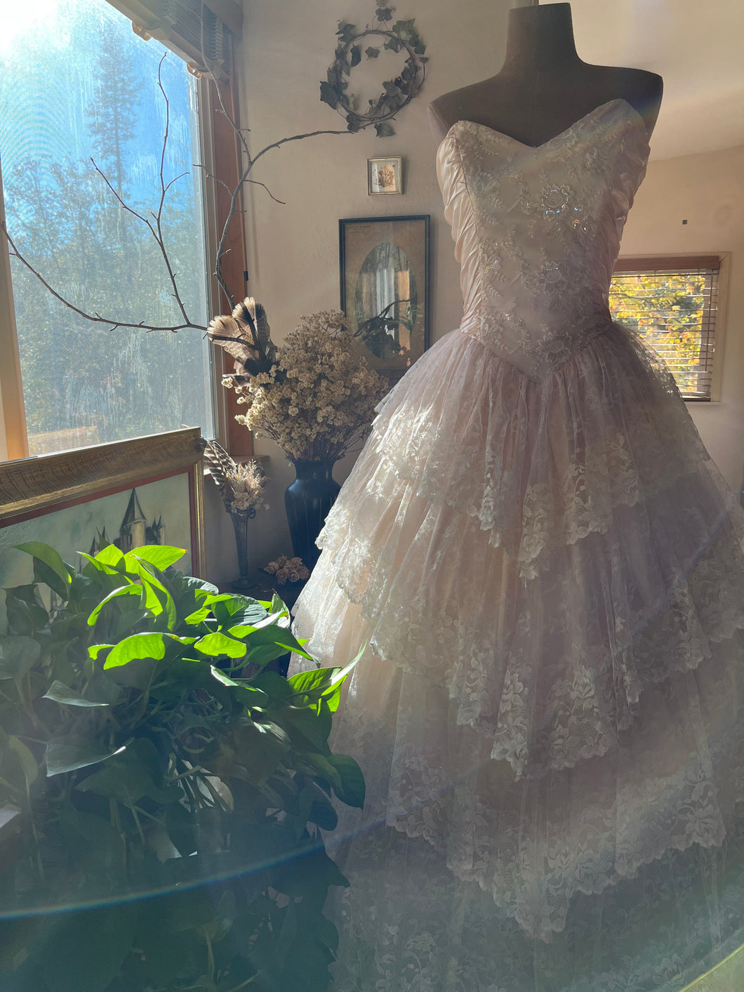 1980’s Vintage Pink Lace and Sequin Strapless Gown by ZumZum