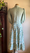 Load image into Gallery viewer, Sale~ Handmade 1970’s Vintage Sea Foam Green Calico Puff Sleeve Midi Dress
