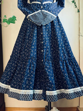 Load image into Gallery viewer, Authentic 1970’s vintage navy calico Gunne Sax midi duster dress
