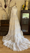 Load image into Gallery viewer, Dreamy 1970’s Vintage Lace and Pearl Wedding Gown with Train
