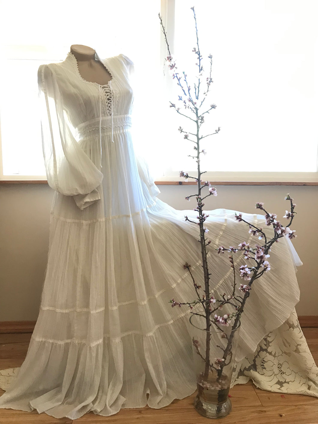 Authentic 1970's vintage White Crepe Voile Gunne Sax maxi dress