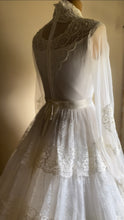 Load image into Gallery viewer, Dreamy 1970’s Vintage Lace and Pearl Wedding Gown with Train
