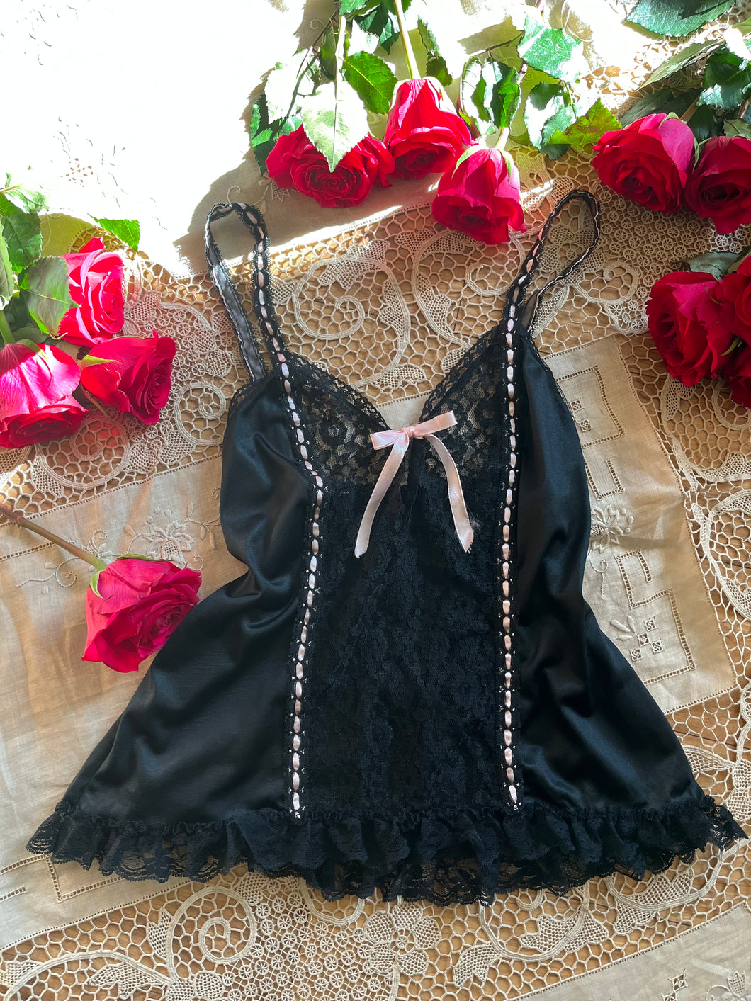 1970’s 1980’s Vintage Black Nylon and Lace Camisole