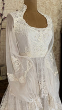 Load image into Gallery viewer, Dreamy 1970’s Vintage Lace and Pearl Wedding Gown with Train
