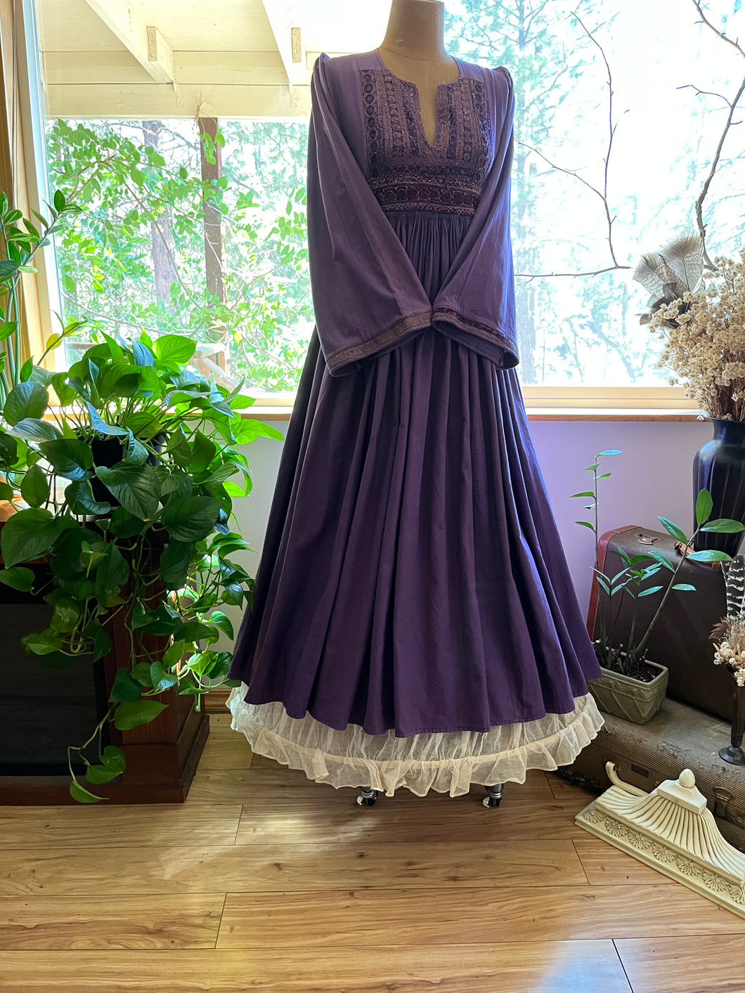 1970’s Vintage purple cotton dress with old tribal embroidery