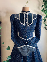 Load image into Gallery viewer, Authentic 1970’s vintage navy calico Gunne Sax midi duster dress
